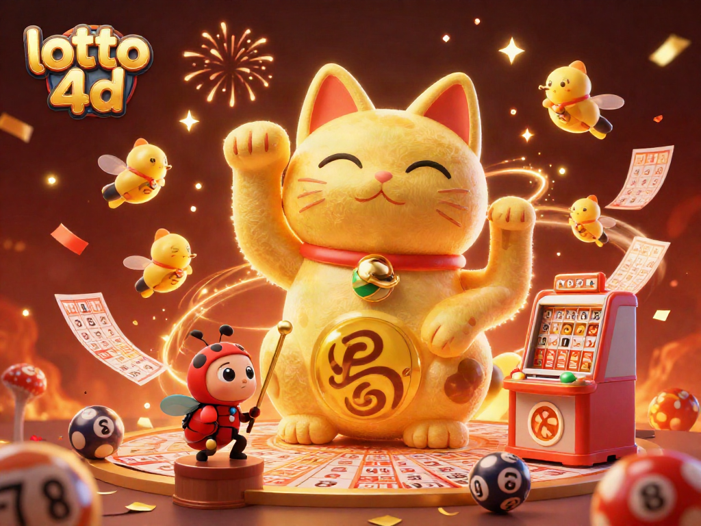Engage in the thrill of lotto 4d with a vibrant scene featuring a lucky cat and festive lottery symbols.