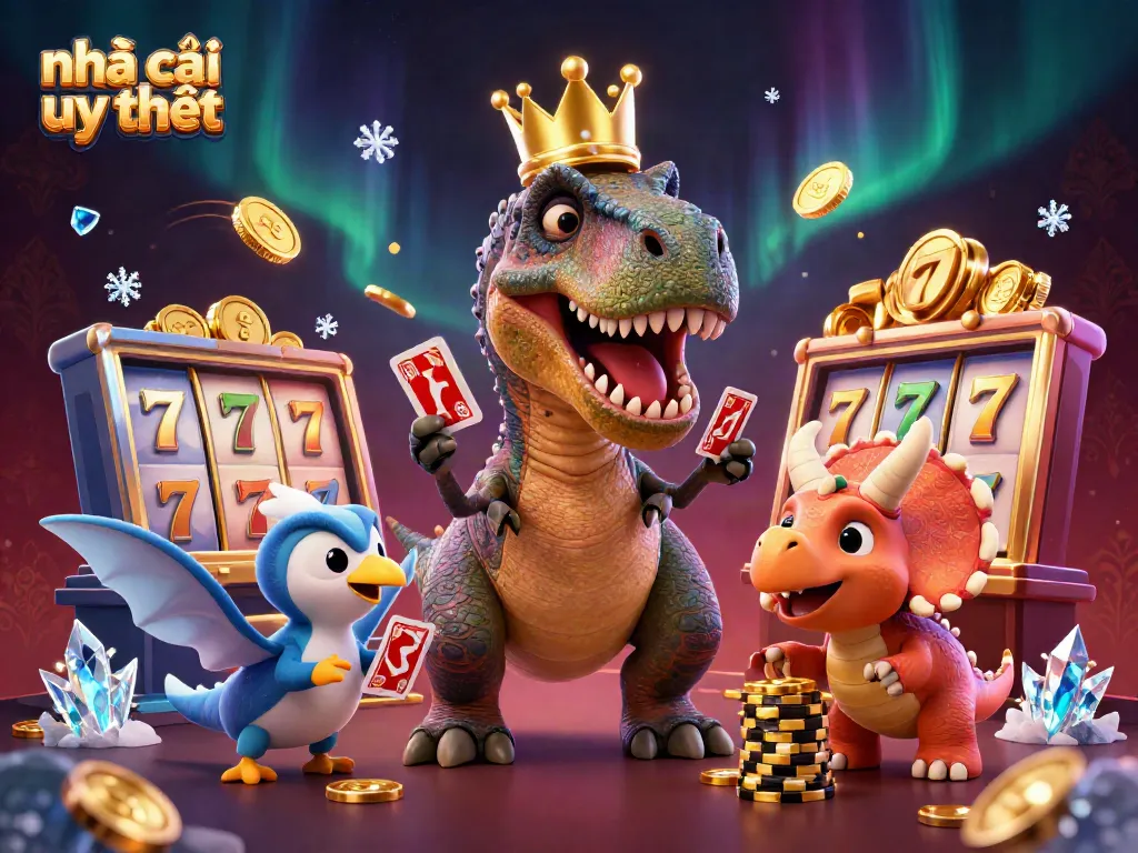 Engaging scene with a friendly T-Rex and pterodactyl promoting nhà cái uy tín through dynamic slots and golden chips.