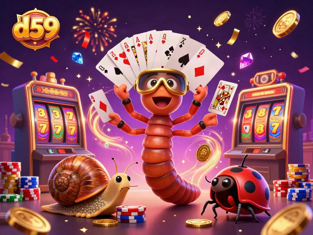 Engage with d59's vibrant 3D casino scene showcasing a millipede dealer, high-roller snail, and lively pill bug.