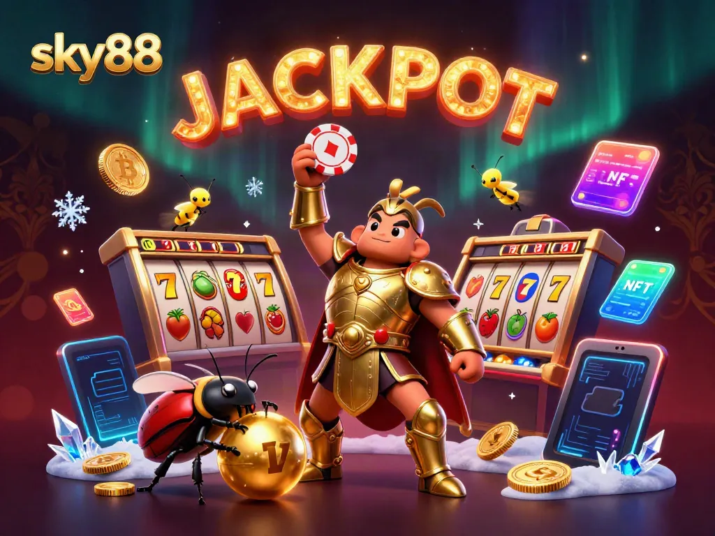 Sky88's vibrant casino scene showcasing a victorious beetle with jackpot elements and crypto coins amidst captivating visuals.