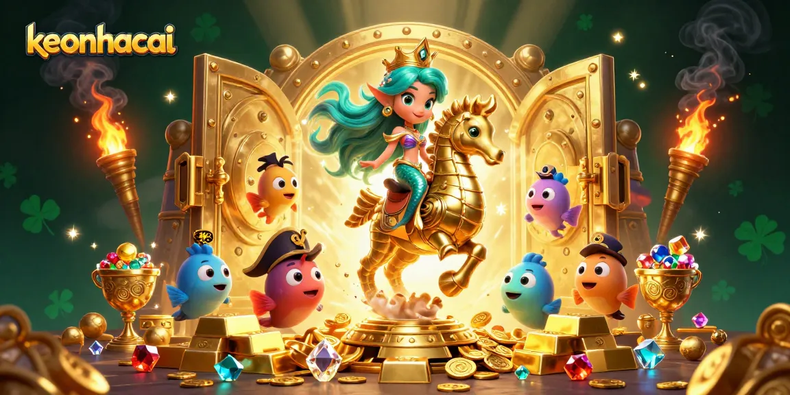 Engage with keonhacai: A cartoon mermaid princess and seahorse amidst treasure and vibrant casino elements.