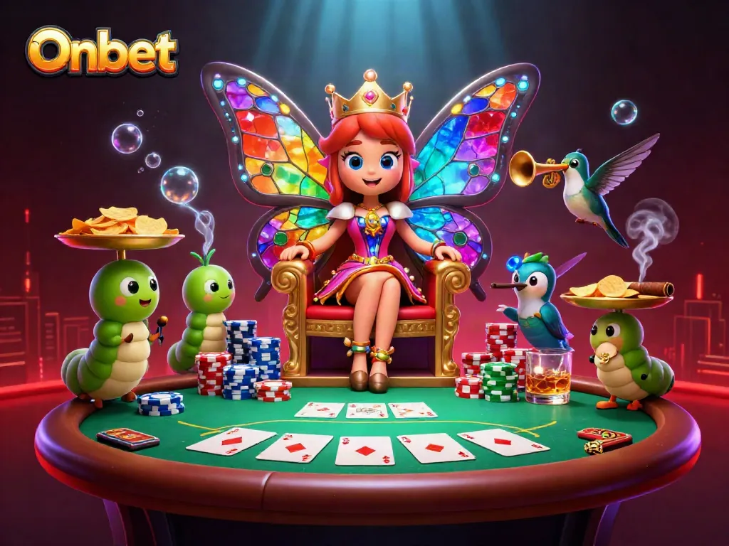 Experience thrilling poker action with Onbet, featuring vibrant characters and casino elements in a dynamic illustration.