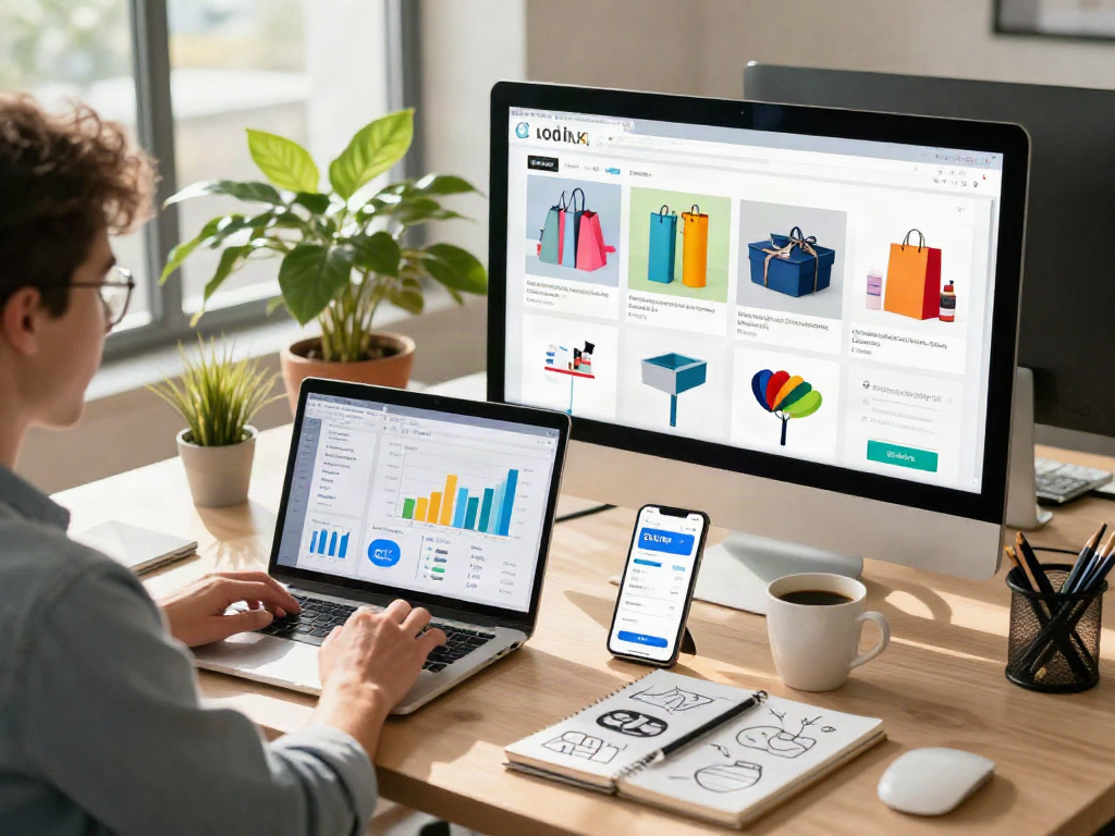 Online shopping workspace with e-commerce metrics and slot qris notifications.