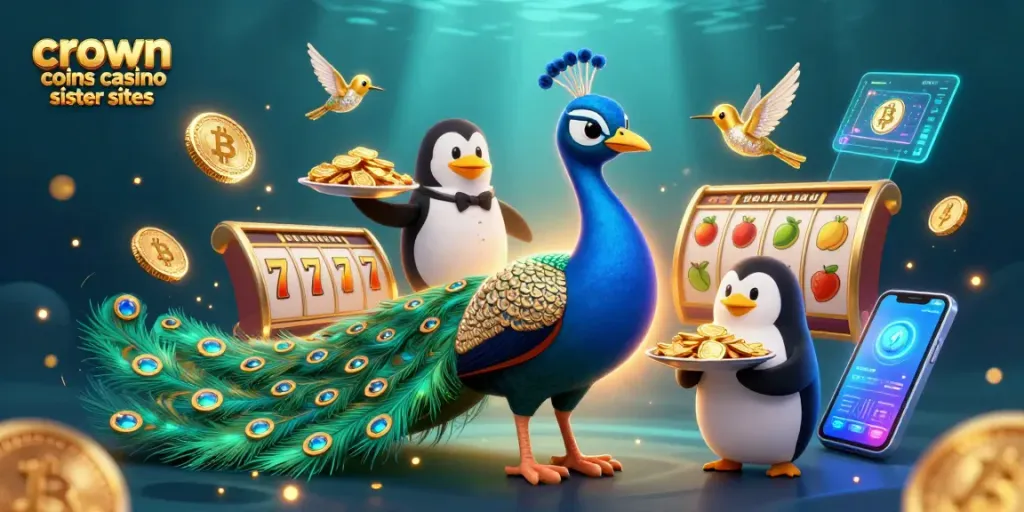 Engaging scene featuring characters representing crown coins casino sister sites with vibrant gambling elements.