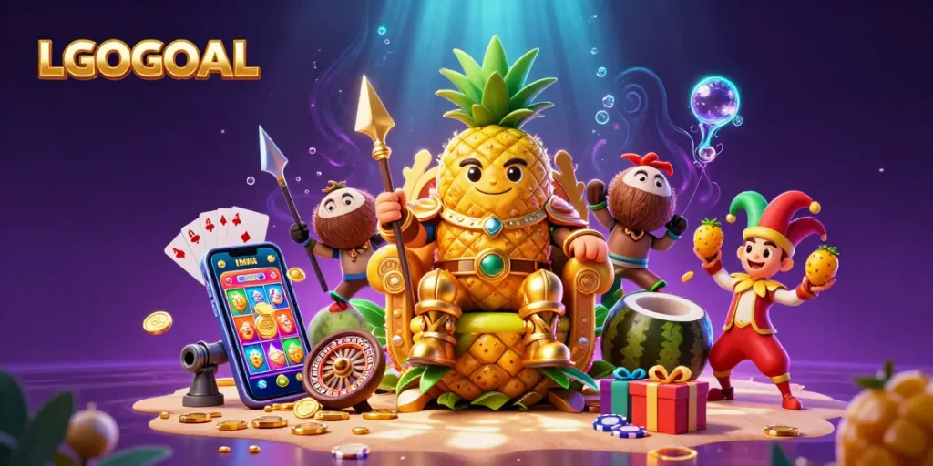 Experience LGOGOAL's vibrant gaming action with a cartoon pineapple king, gold coins, and slot games surrounding him.