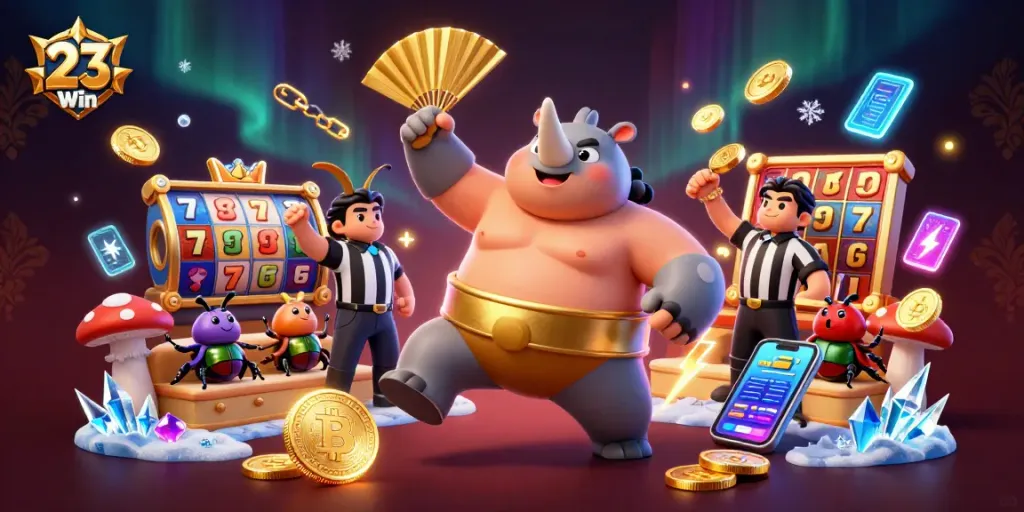 Feel the excitement of 23Win as a sumo beetle stomps, launching coins into the air.