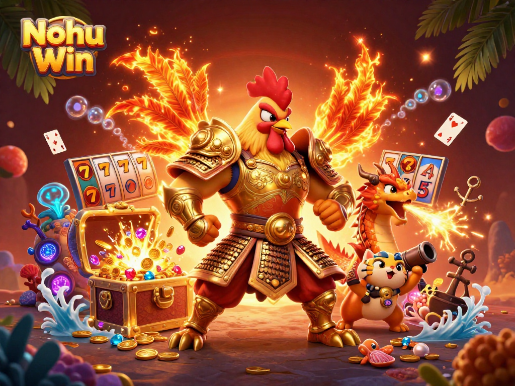 Nohu Win invites players to enjoy an exhilarating slot experience with a thrilling cartoon scene.