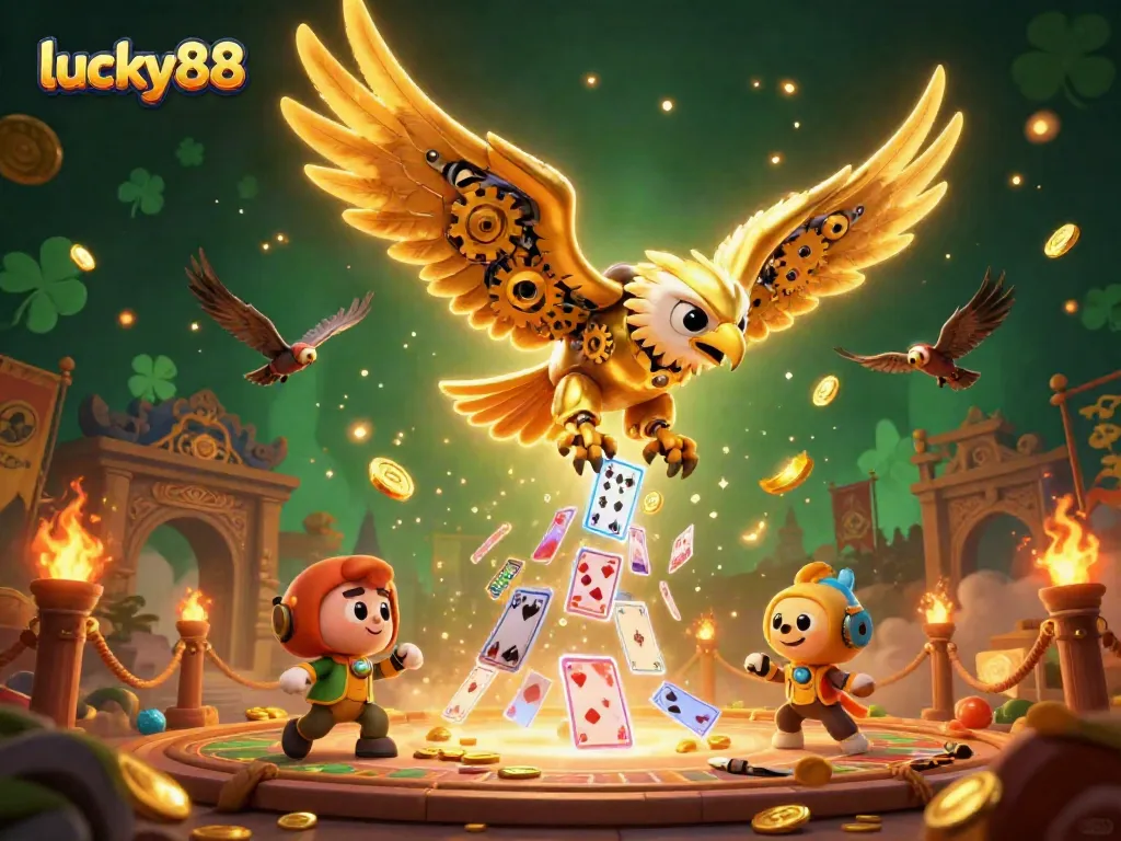 Experience the excitement of lucky88 with a dynamic scene of a cybernetic eagle amidst digital games and gold.