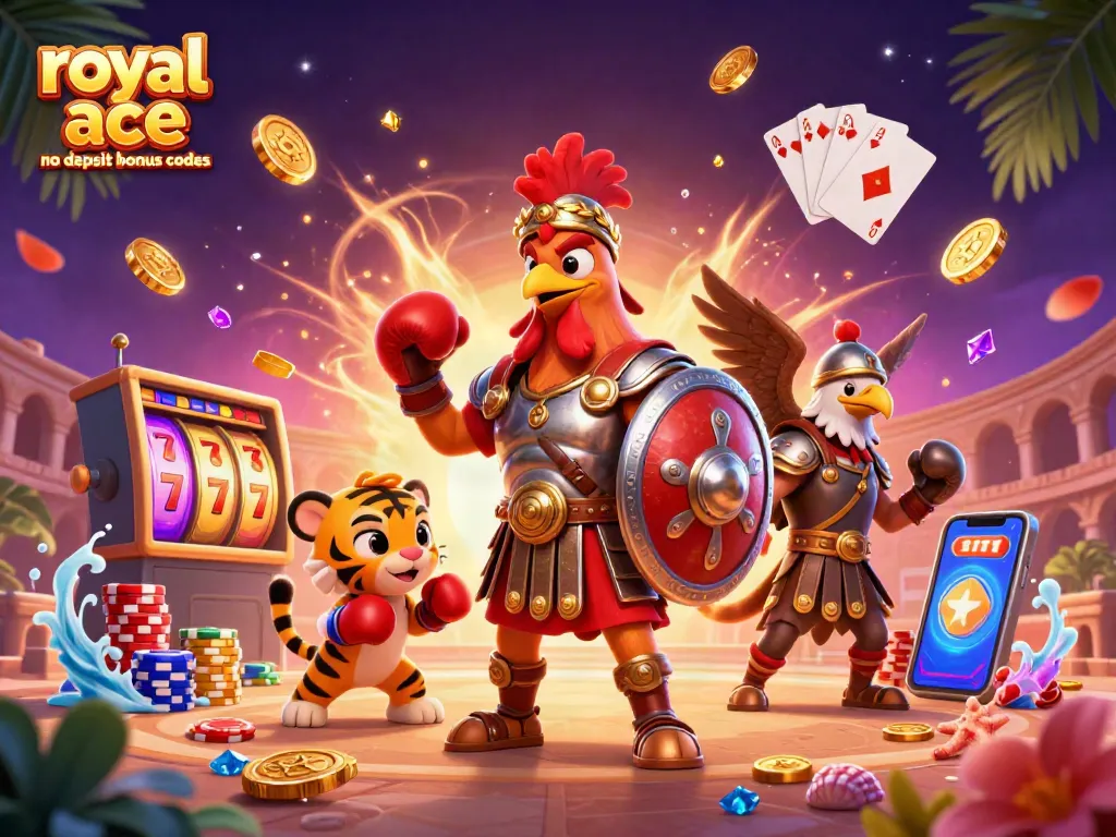 Spin the reels with royal ace no deposit bonus codes in a vibrant 3D casino scene filled with coins and jackpots.