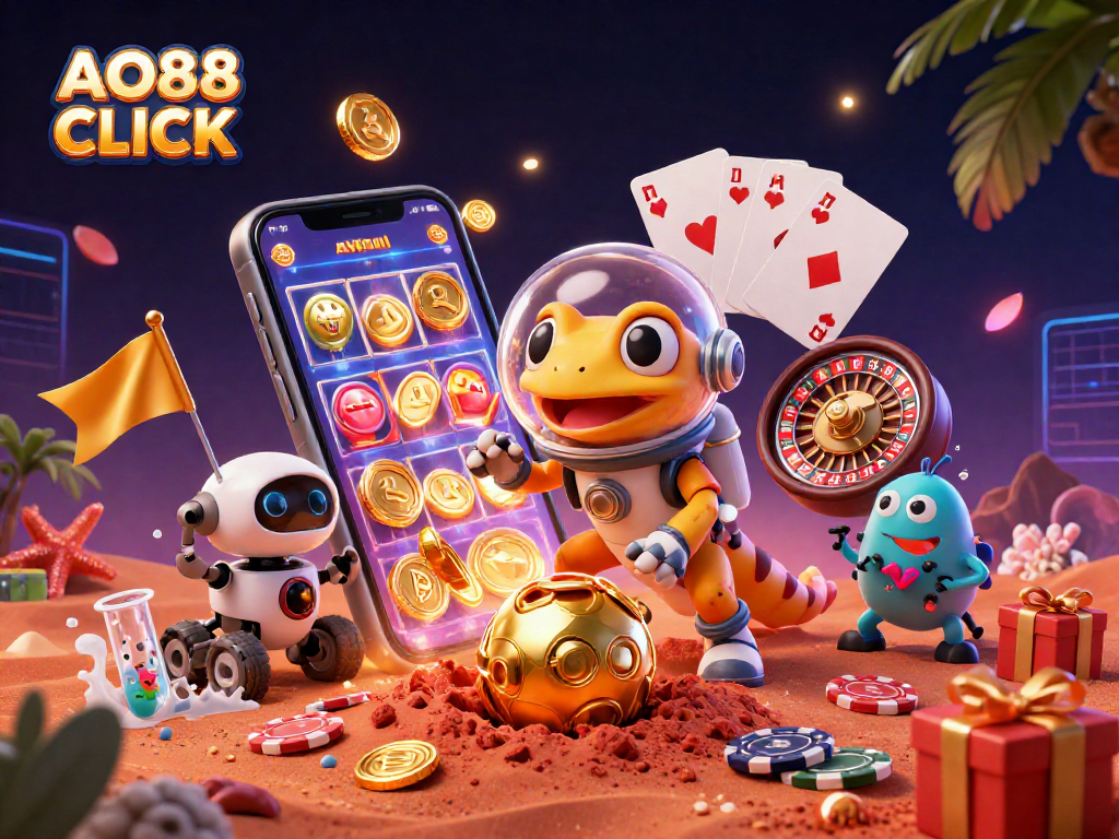 Capture thrilling moments at AO88 CLICK with a Martian gecko celebrating in a dynamic casino scene.
