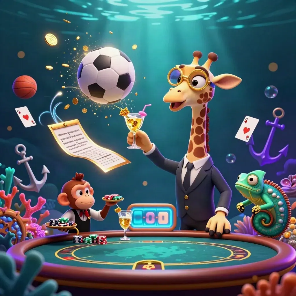 Cartoon giraffe, monkey, and chameleon in a glowing underwater casino with a soccer ball and coins