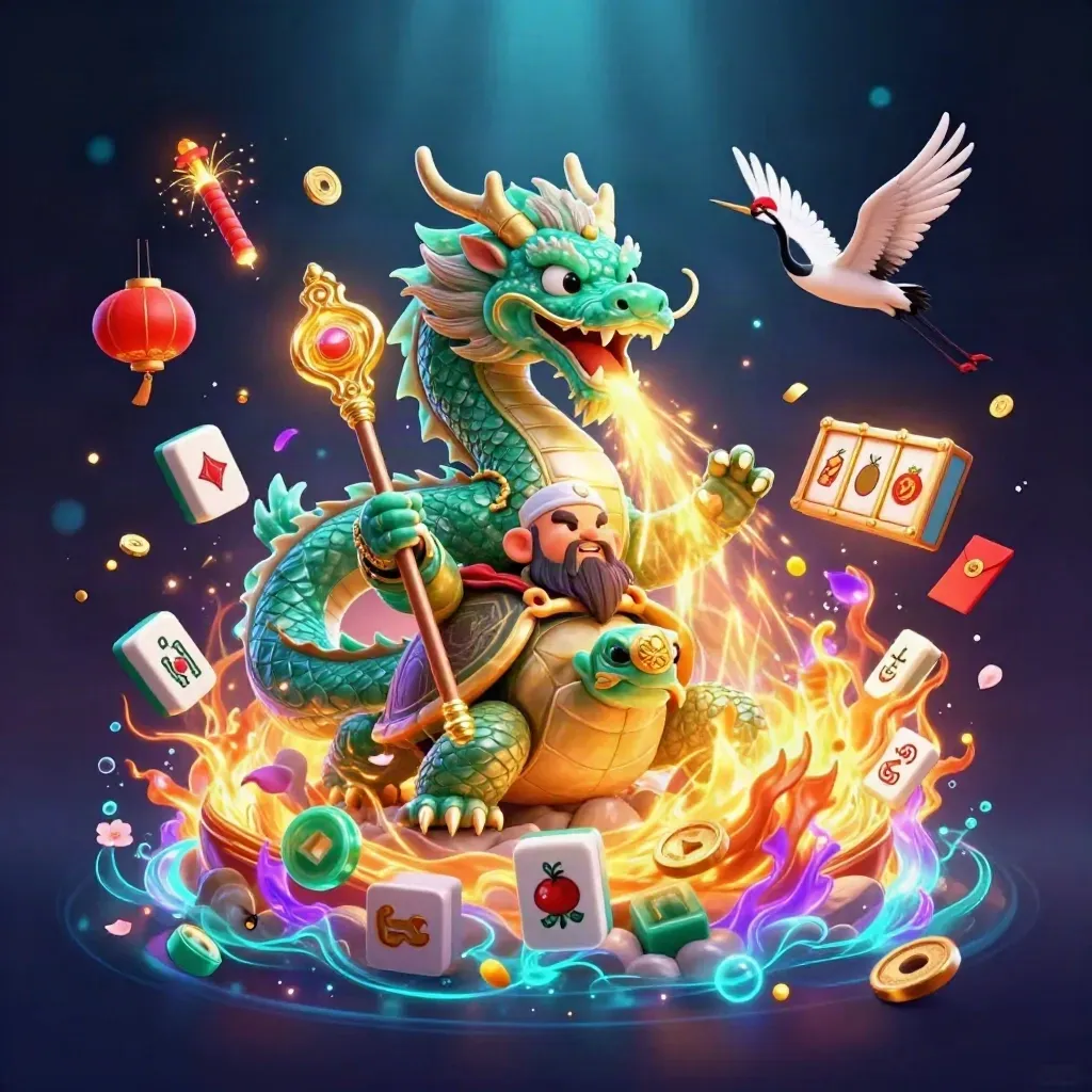 Emerald dragon, turtle sage, and cranes amid neon casino treasure and golden fire.