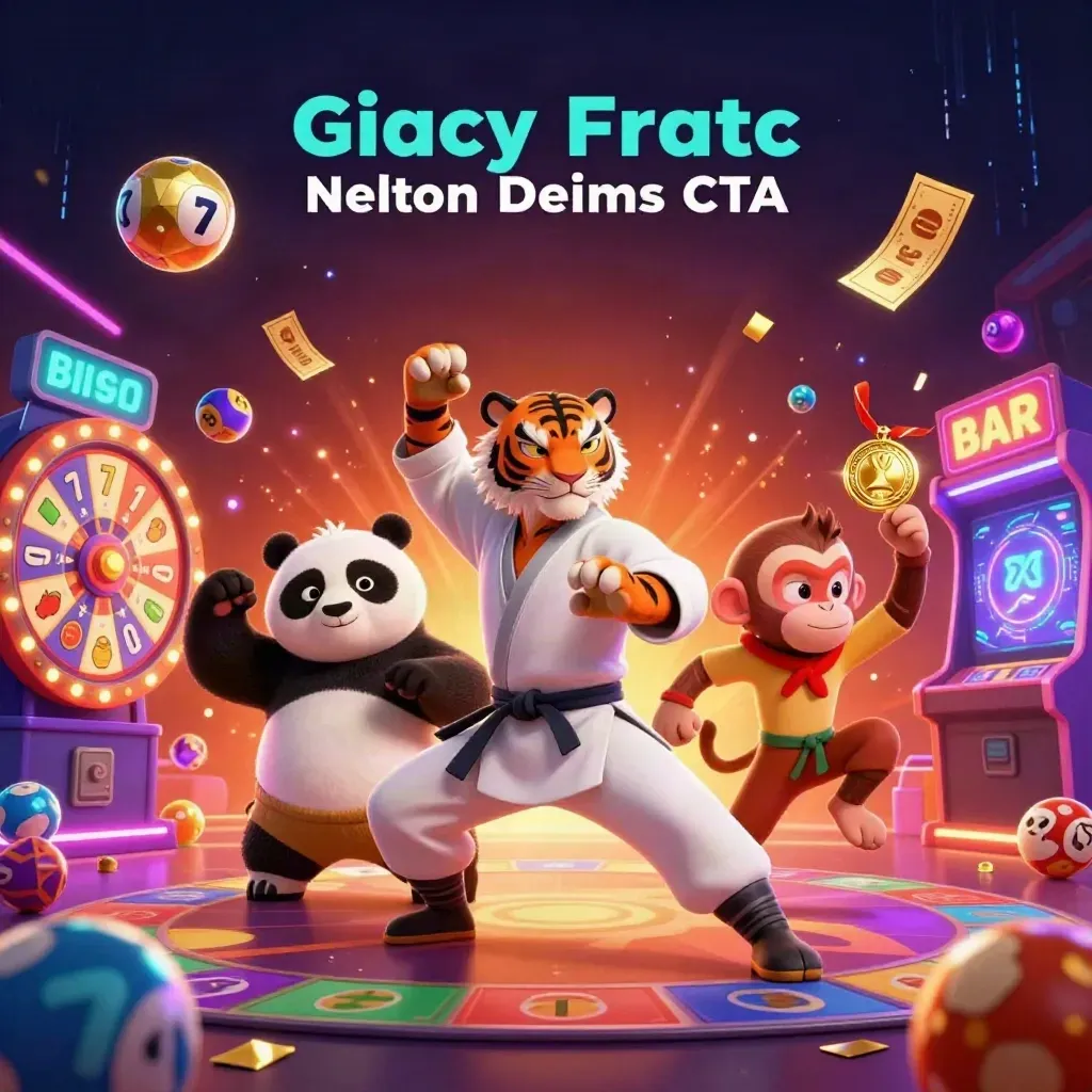 Tiger, panda, and monkey in a neon casino action scene with spinning prizes and ember glow