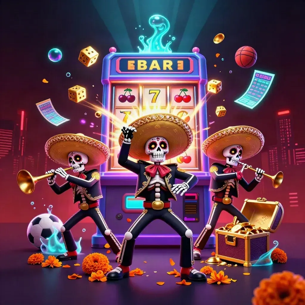 Skeleton mariachi trio amid exploding slot symbols, gold, neon glow, and casino rays.