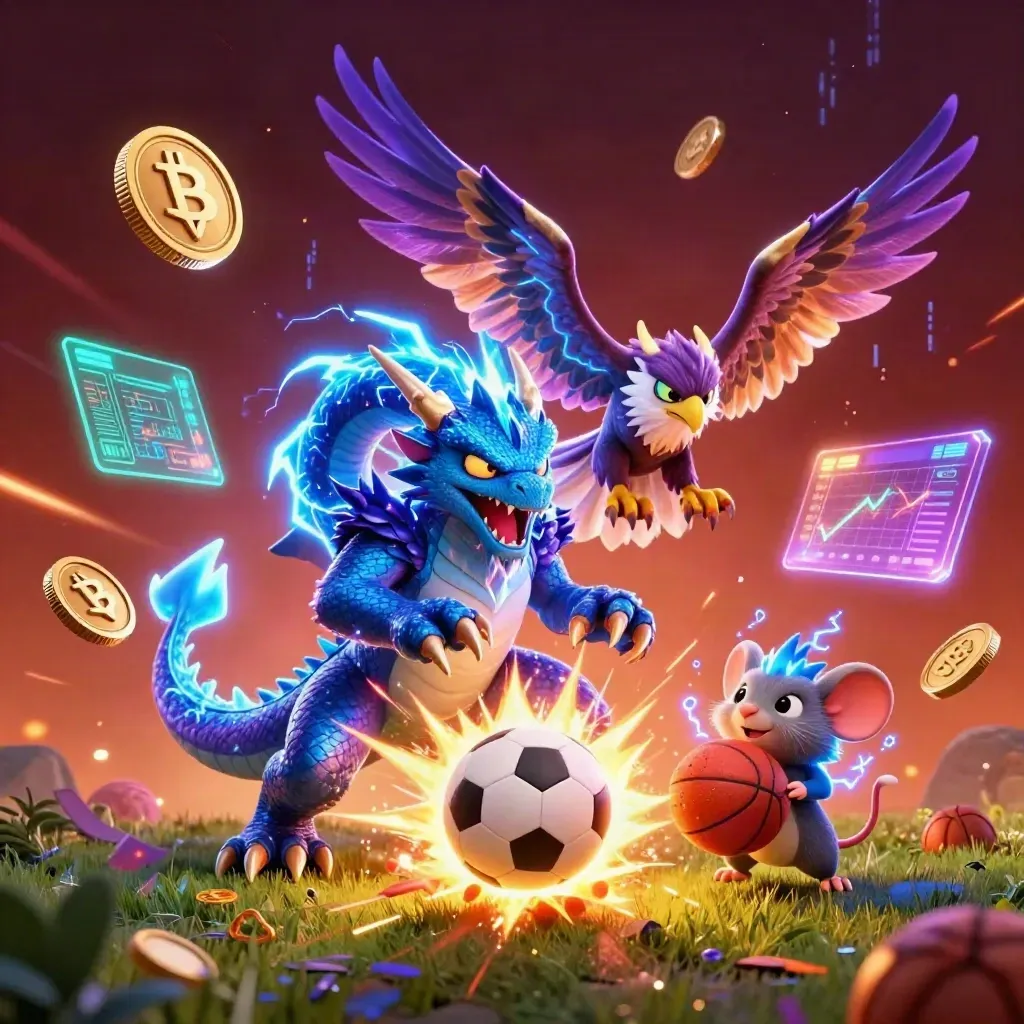 Thunder dragon, hawk, and mouse amid flying sports balls and crypto sparks on a neon casino backdrop.