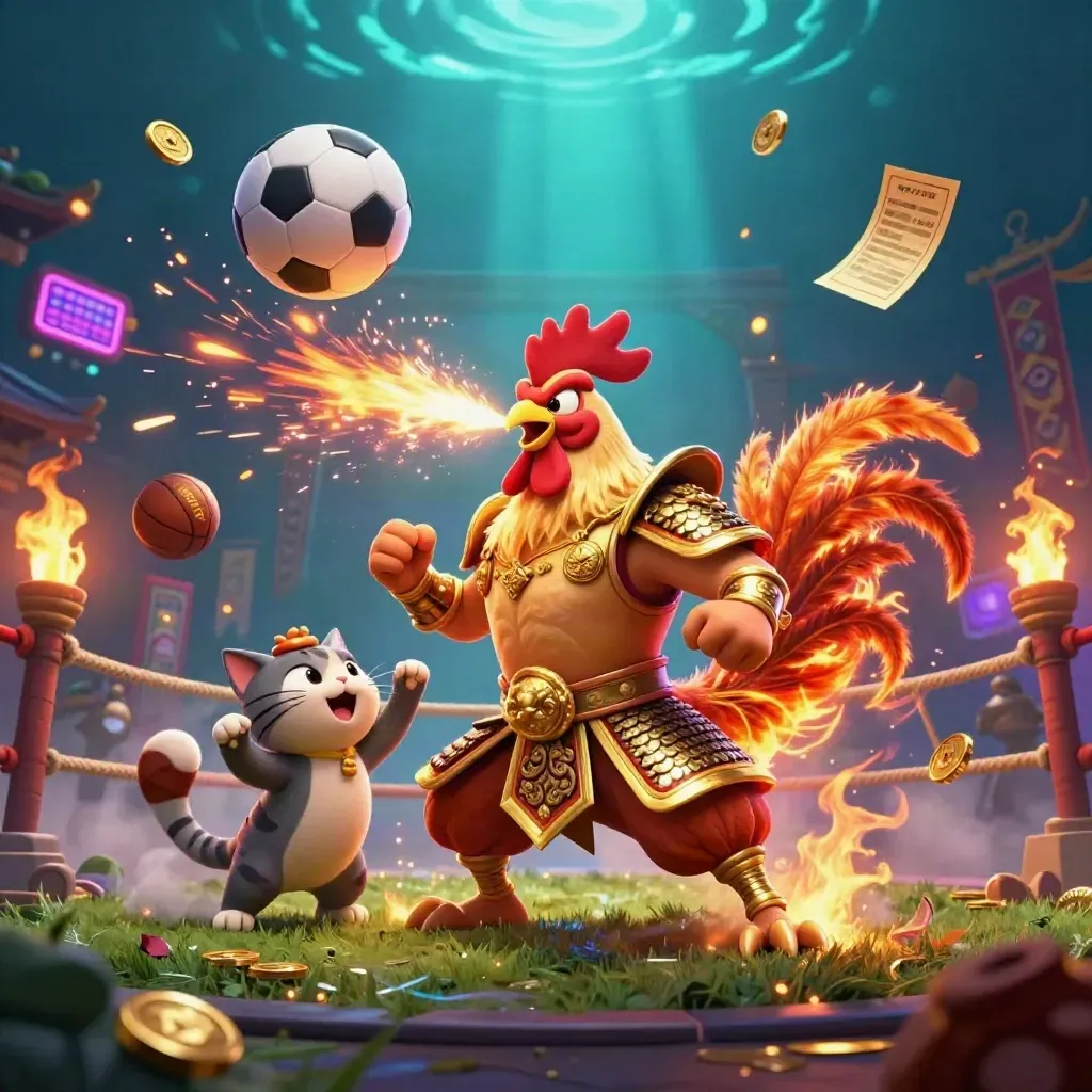 Rooster samurai, spark-breathing dragon hatchling and cheering fortune-cat amid balls, coins and embers.
