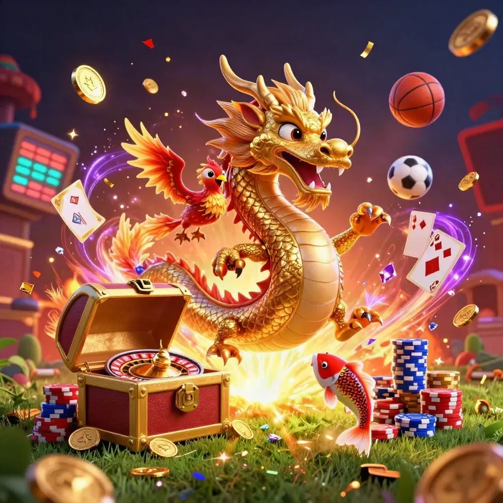 Golden dragon, phoenix, koi, chips and sports balls exploding in neon casino light.