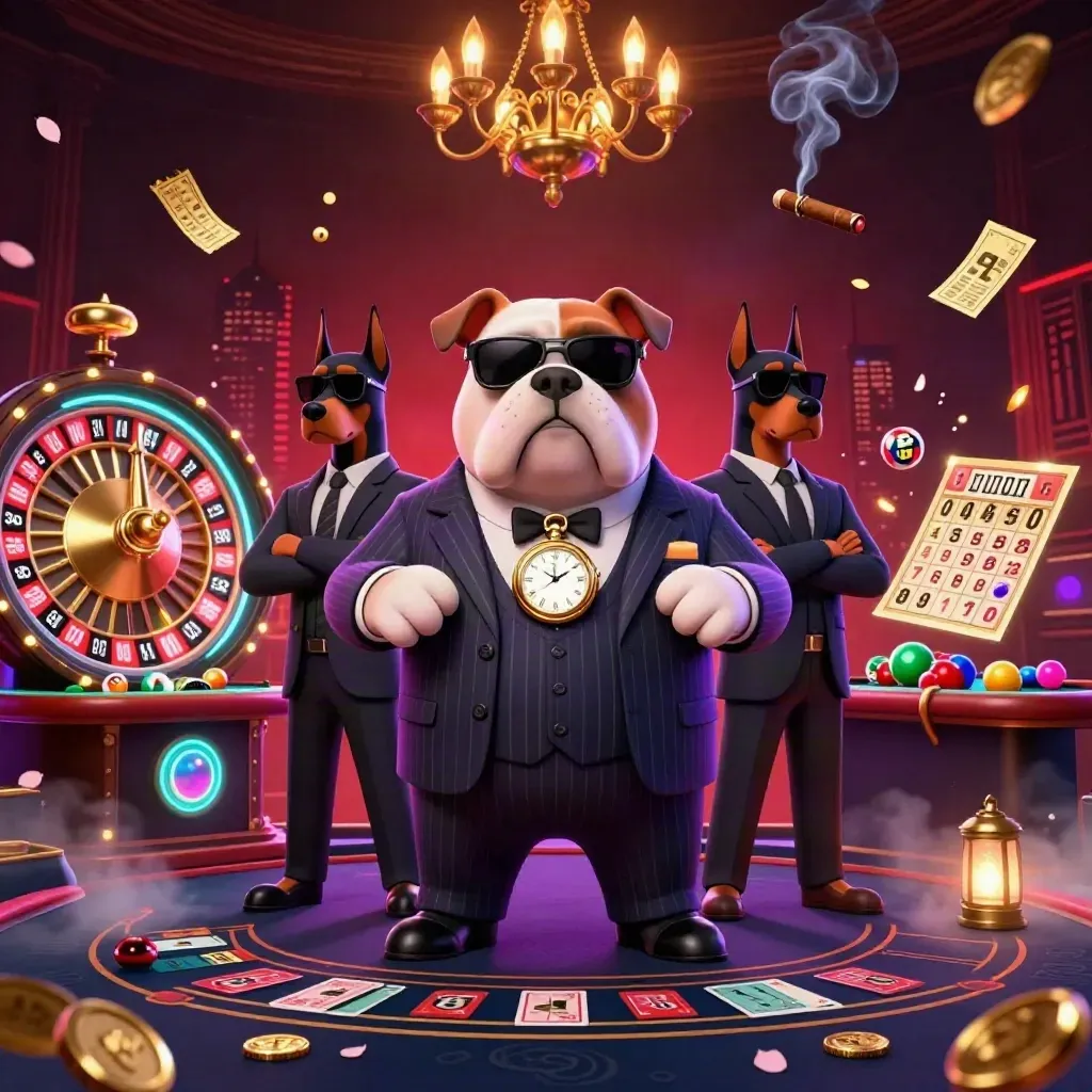 Cartoon bulldog boss with Dobermans in a glowing casino room, wheels, balls, petals, and gold