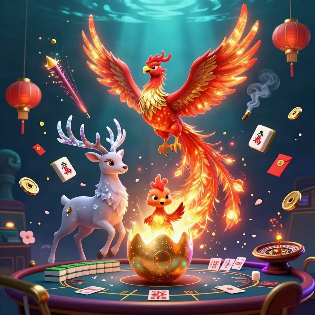 Phoenix, baby phoenix, and crystal stag amid casino-luxury neon with lanterns, coins, and a spinning wheel.