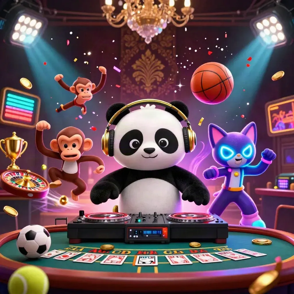 DJ panda, breakdancing monkey, and rave kitten in a luxe neon casino scene