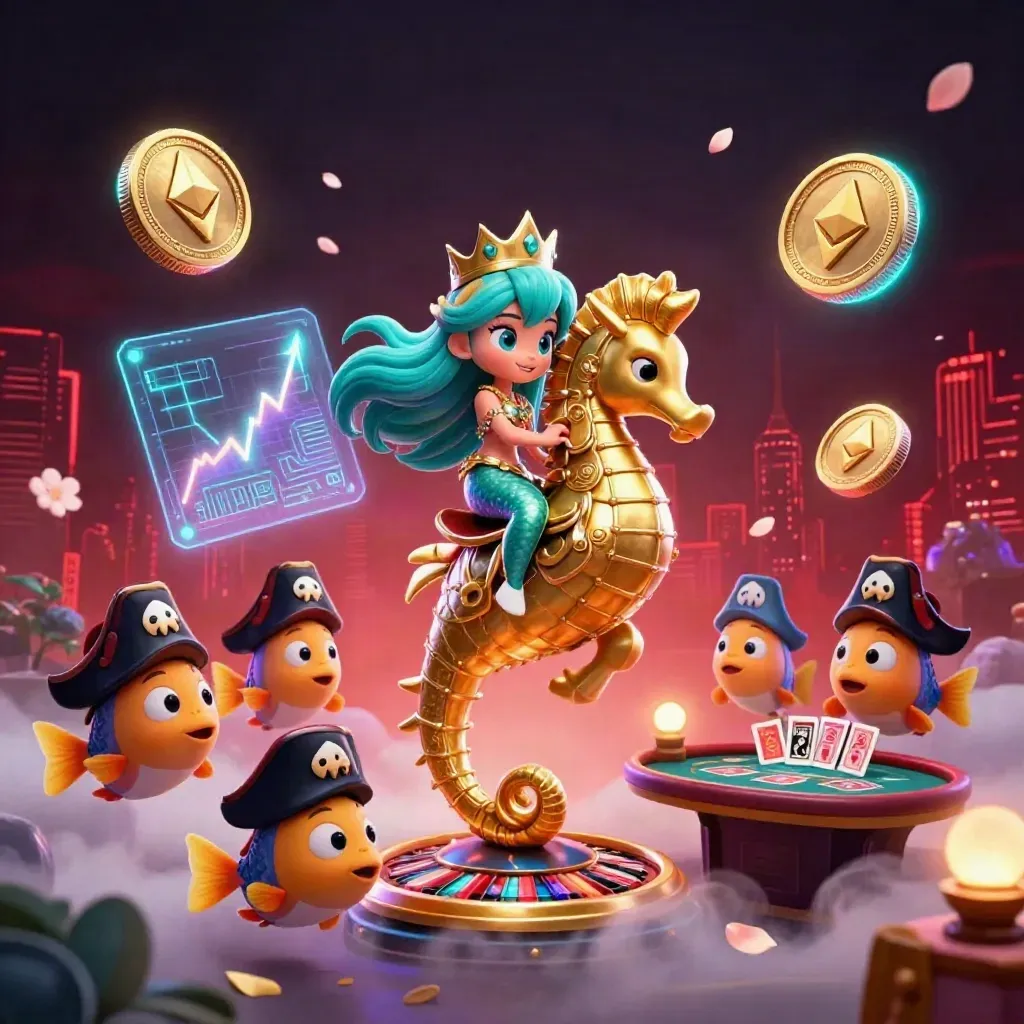 Mermaid princess rides a golden seahorse amid casino neon, coins, petals, and a spinning roulette wheel.