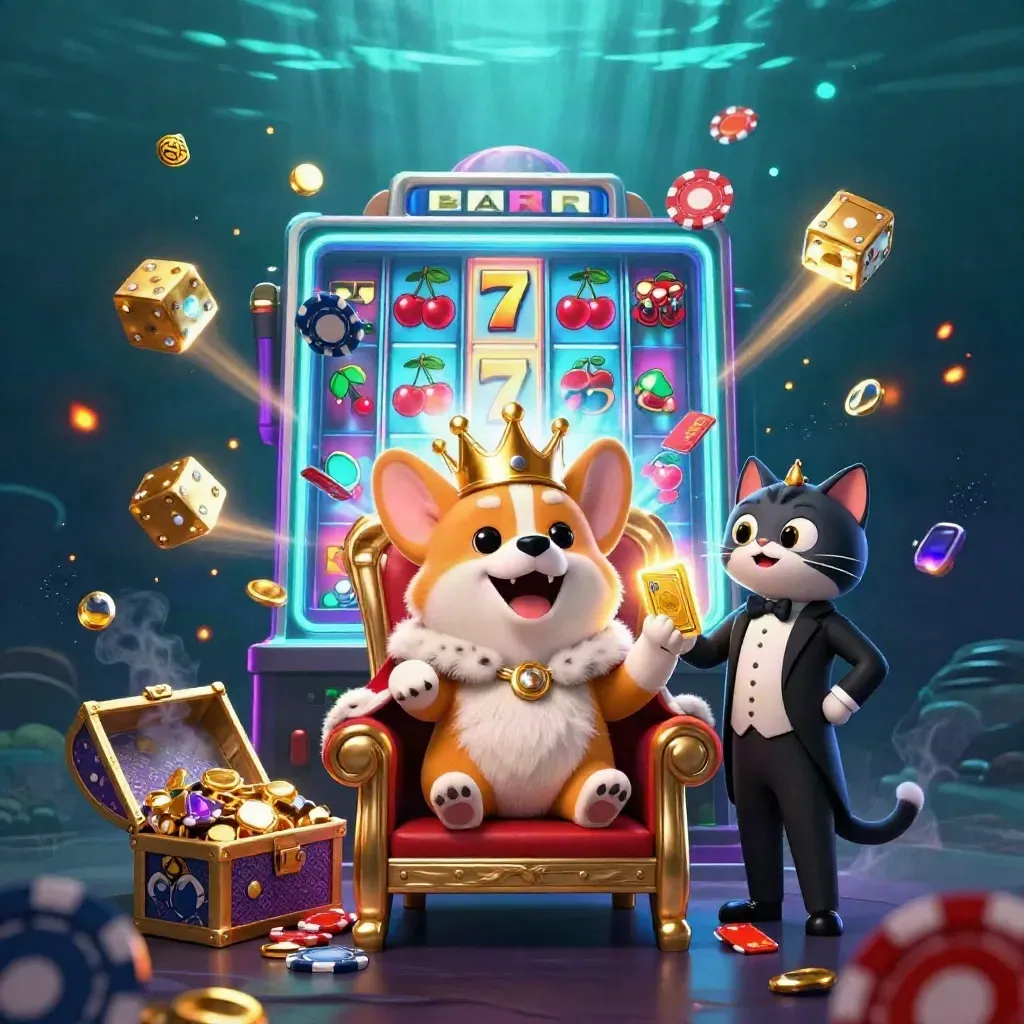 Crowned corgi and cat butler amid jackpot burst, chips, dice, gems, neon teal glow, underwater casino fantasy.