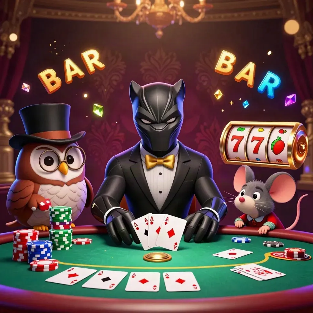 Panther, owl, and mouse at a neon casino table amid chips, aces, gold sparkles, and damask glow.