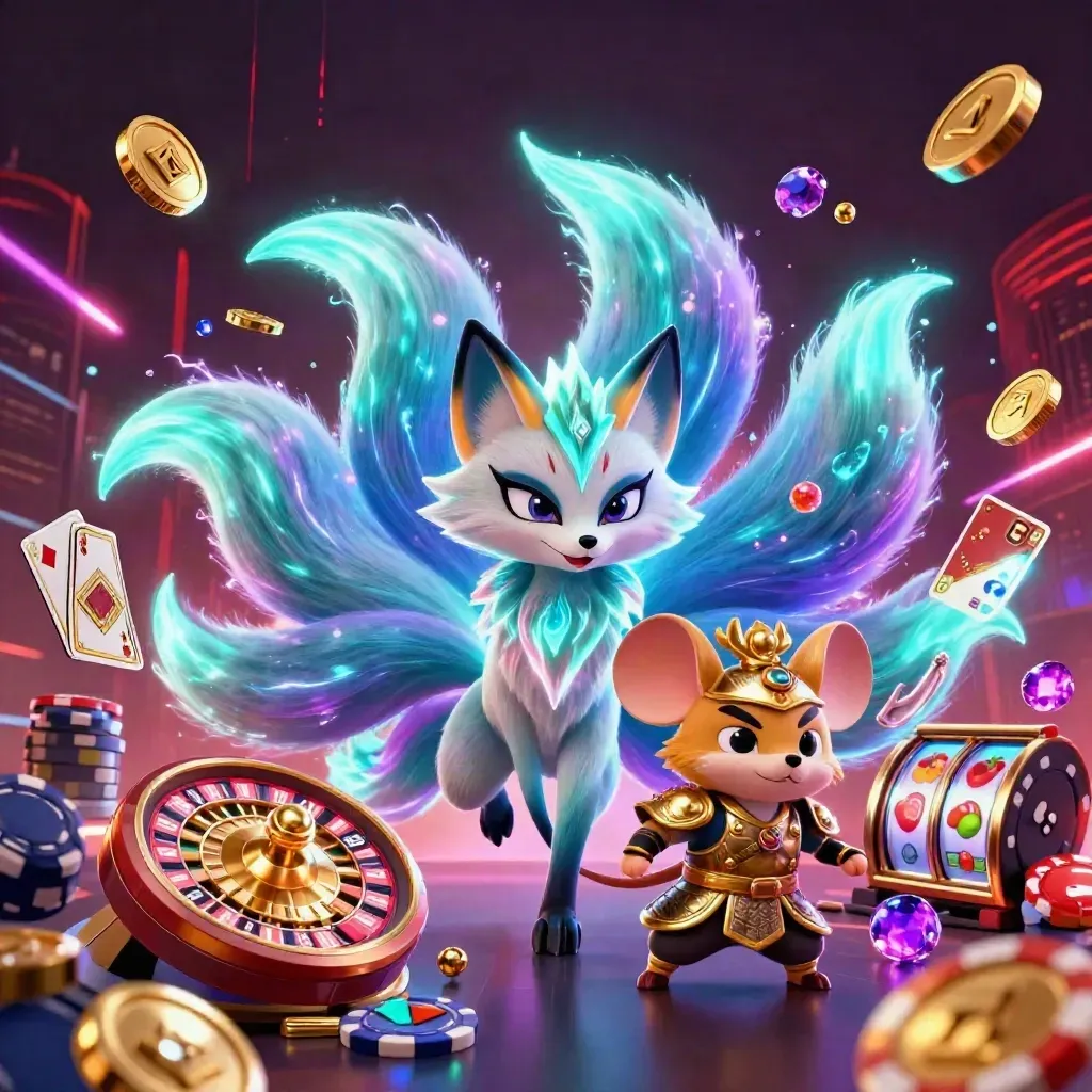 Nine-tailed fox spirit and armored mouse blast coins, gems, cards, chips, and neon energy.