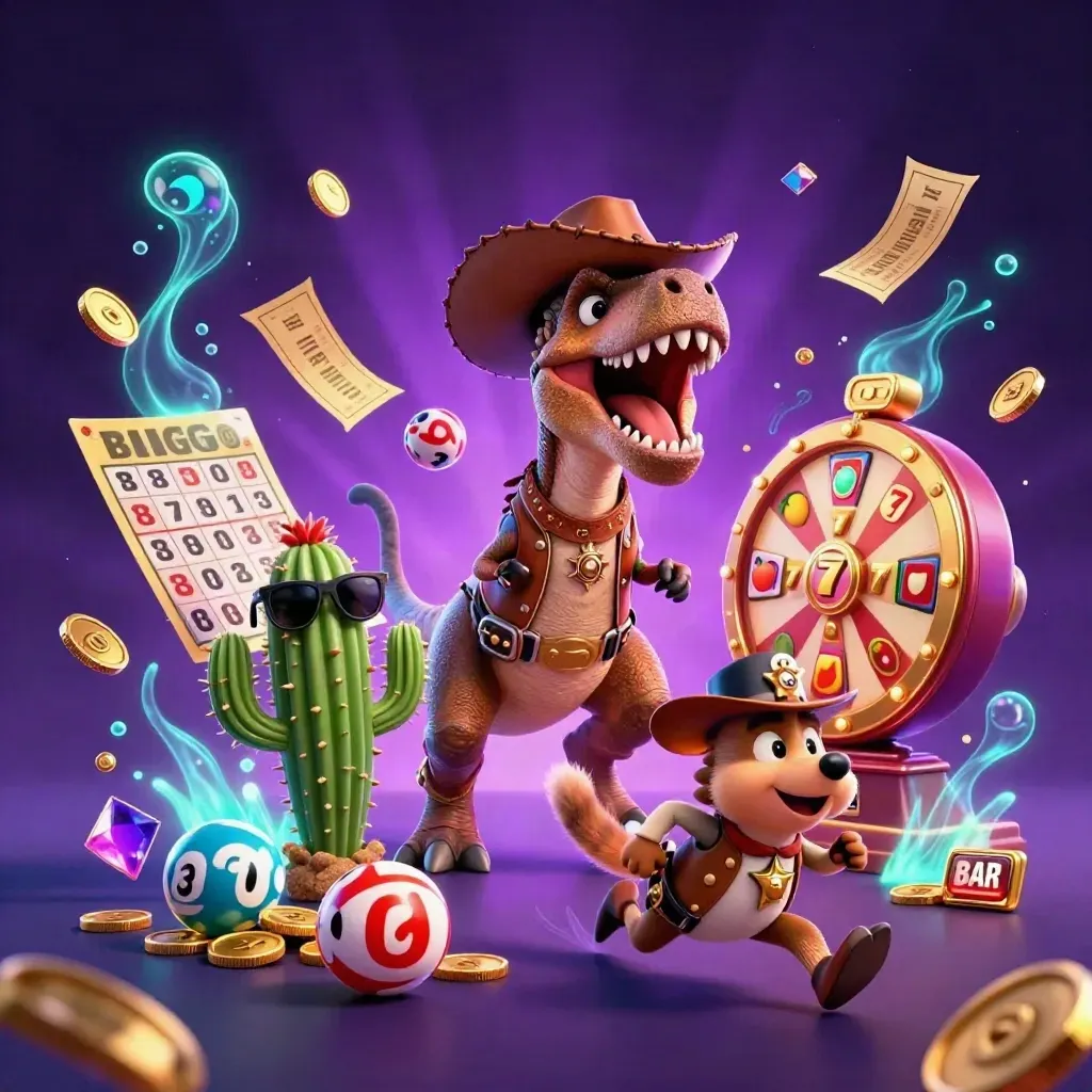 Cowboy T-Rex, cactus sidekick and sheriff roadrunner amid jackpot spins, balls and gems