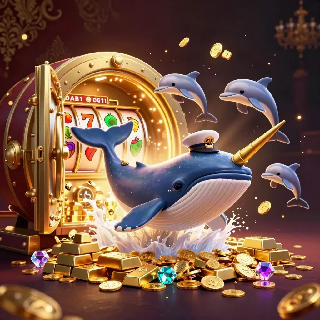 Whale captain, narwhal, and dolphins burst from coins with treasure and neon casino lights.