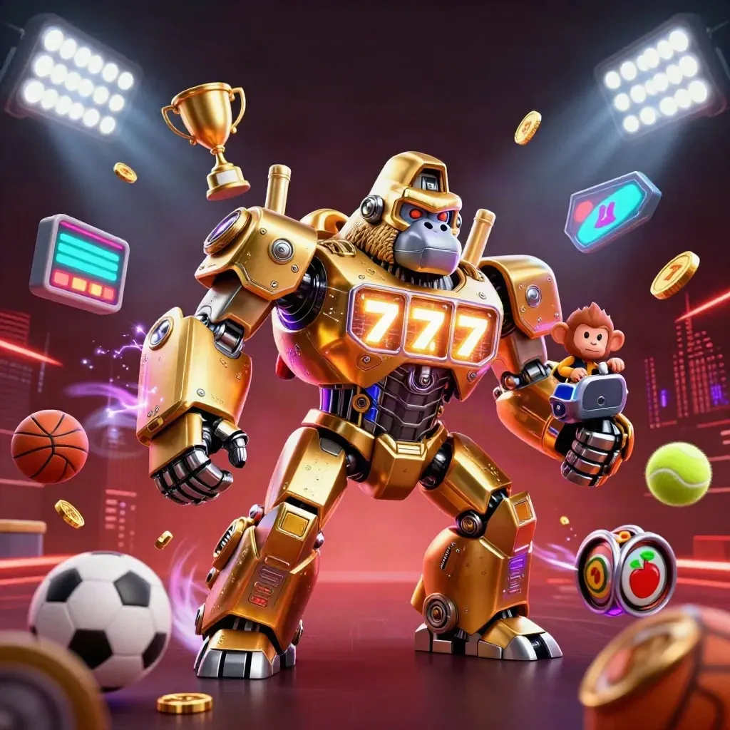 Golden gorilla mech with monkey pilot amid flying sports balls, coins, trophy, and neon casino effects.