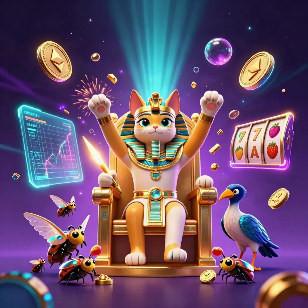 Pharaoh cat, ibis scribe, and scarab coins burst in neon casino magic with slot reels and jackpots.