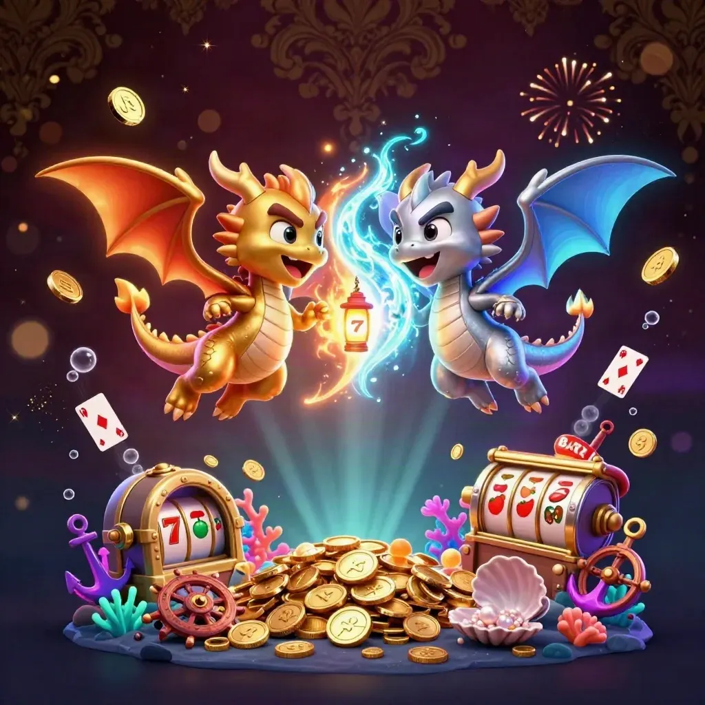 Gold and silver dragons swirl with coins, coral, cards, and casino symbols in a lavish treasure cove.