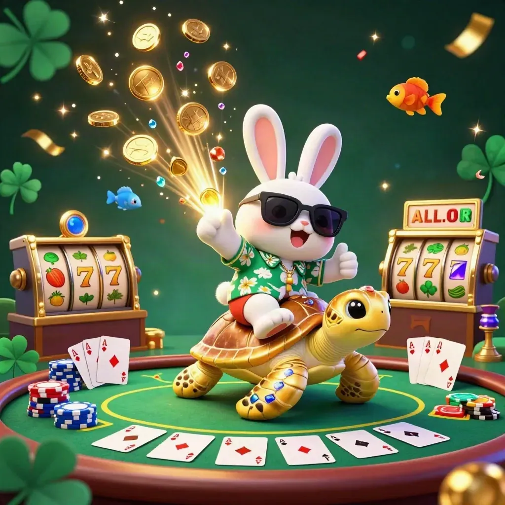 Lucky rabbit rides a golden turtle amid coins, chips, fireworks, and slot symbols in a neon casino splash scene.