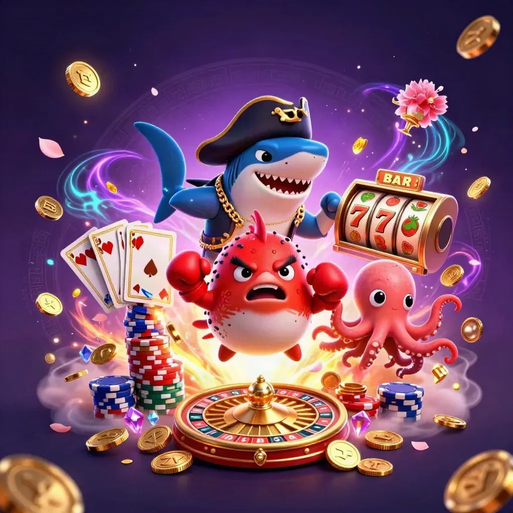 Pirate shark, boxing pufferfish, and juggling octopus amid casino coins and neon bursts.