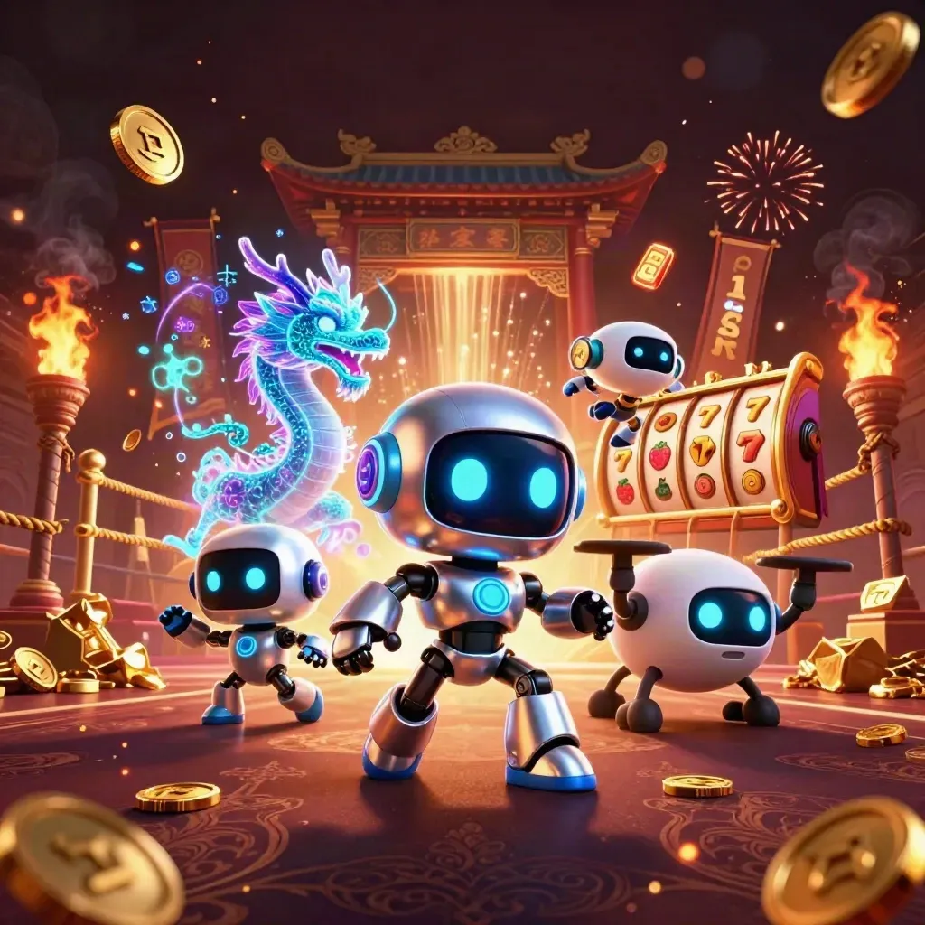 Robot mascot, hologram dragon, and coin drone amid vault coins, temple gate, reels, and fireworks.