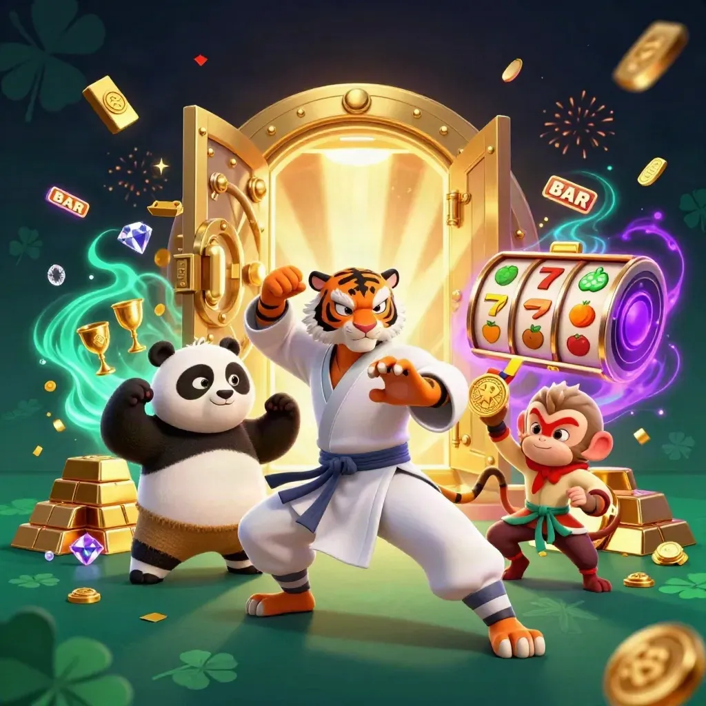 Tiger, panda, and monkey in a glowing casino vault with gold, gems, and slot reels.