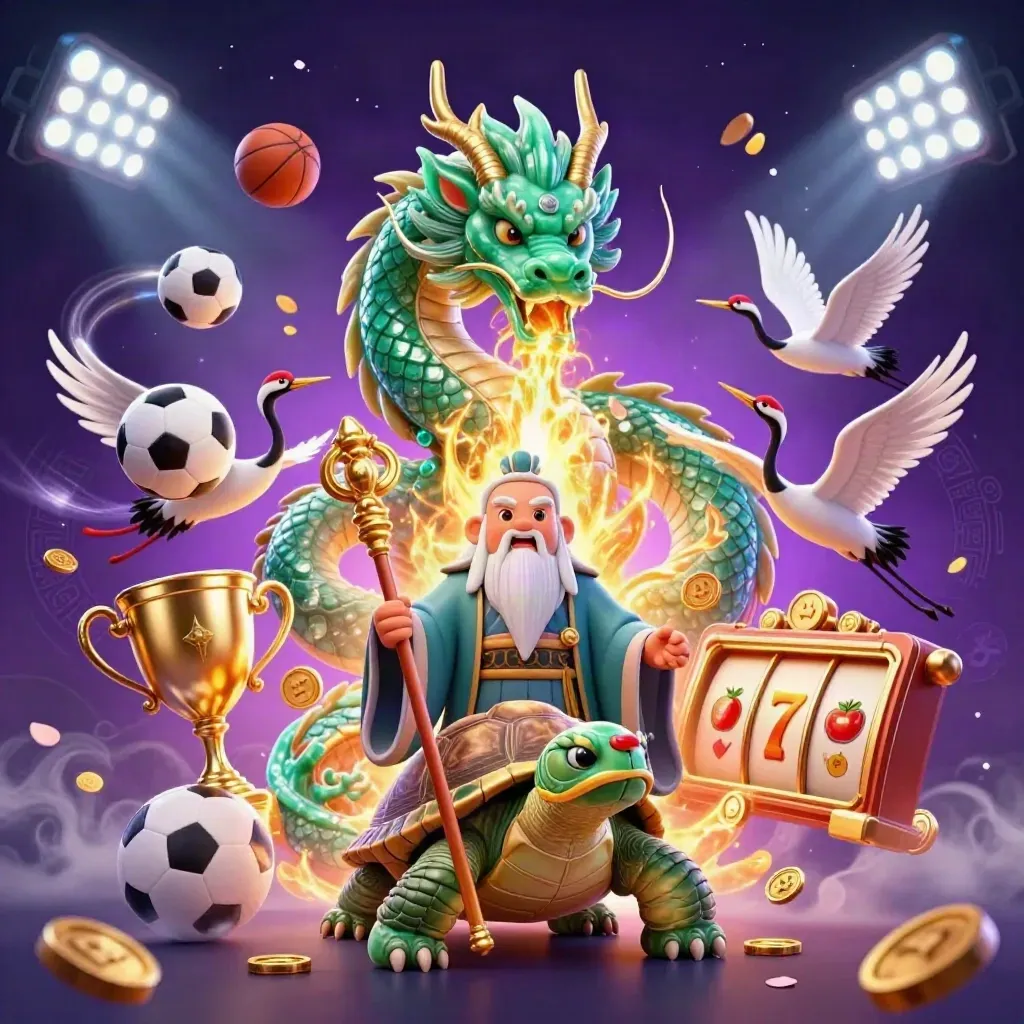 Emerald dragon, turtle sage, and cranes amid casino gold fire, coins, reels, and neon magic.