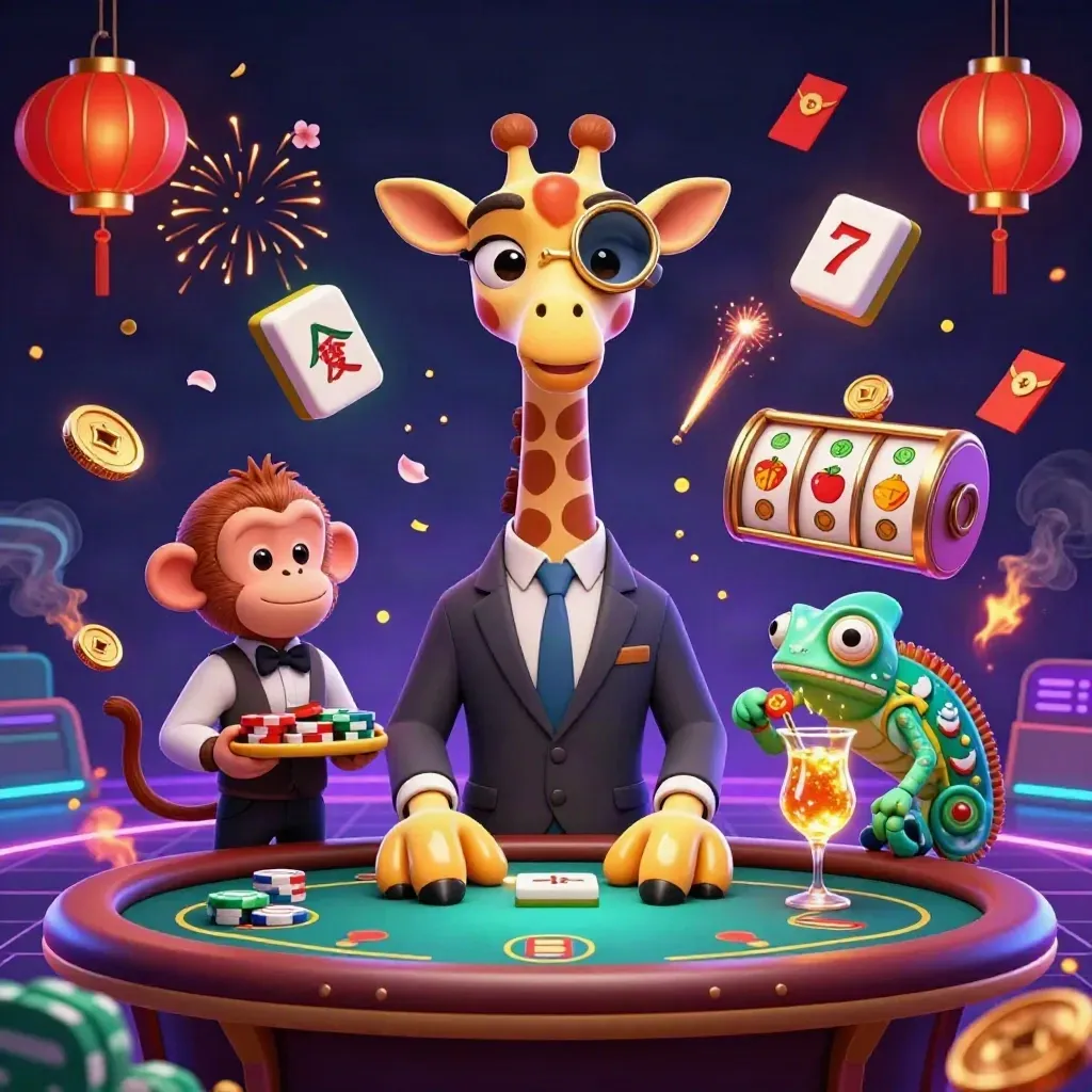Giraffe, monkey, and chameleon at a neon casino poker table with glowing slot symbols