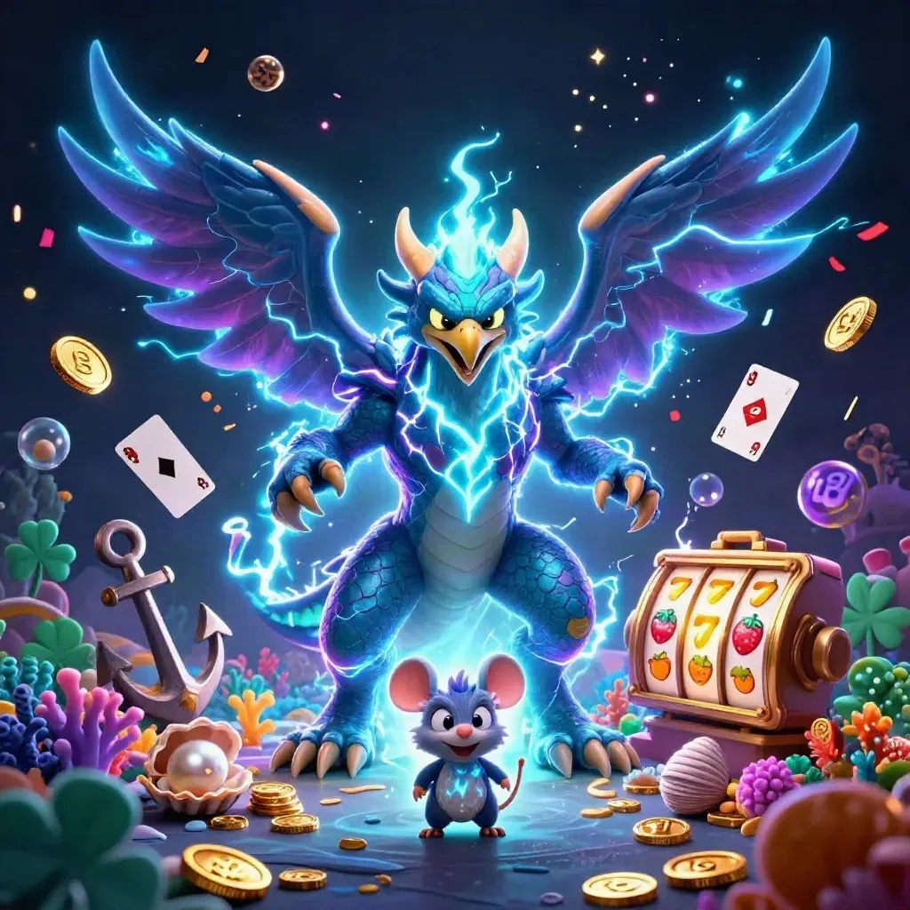 Thunder dragon, hawk, and crackling mouse amid casino gold, reels, coins, and neon lightning.