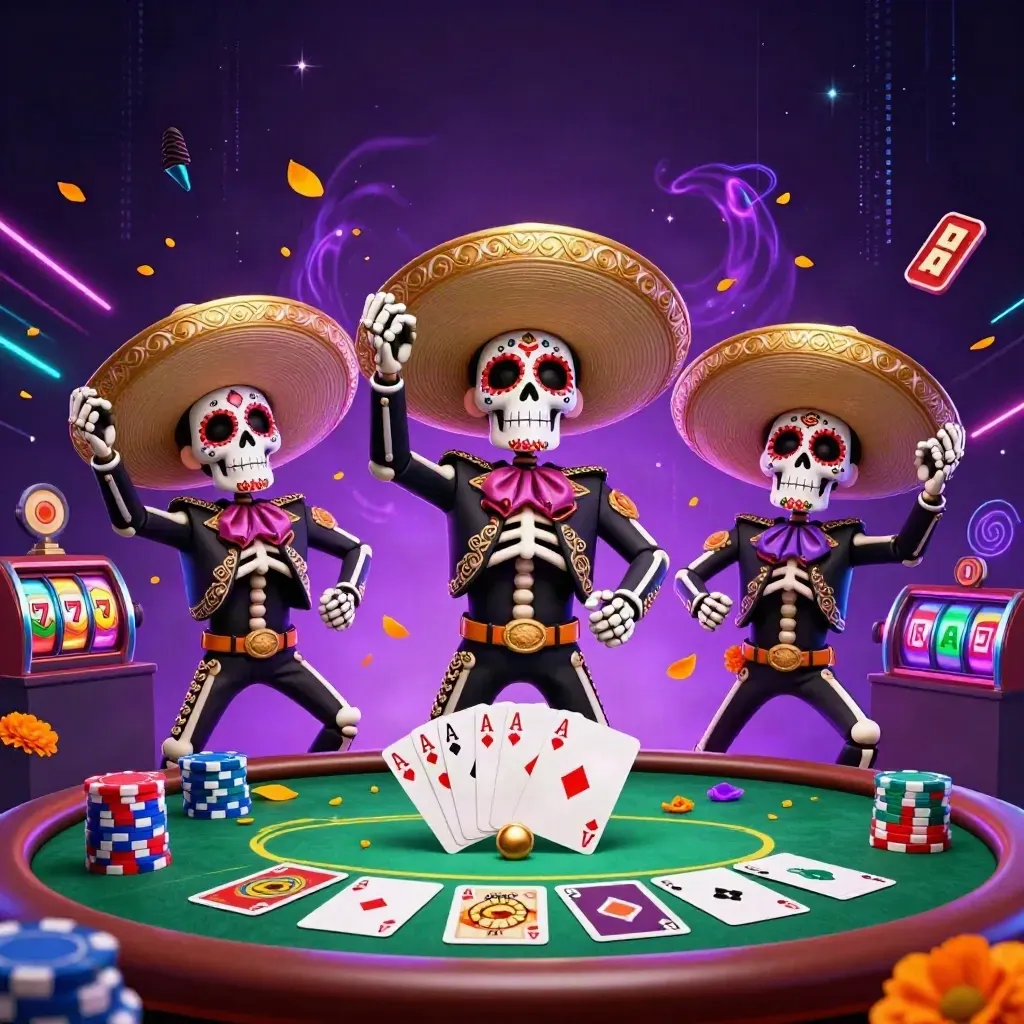 Skeleton mariachi trio with neon casino props, chips, cards, reels, and electric effects.
