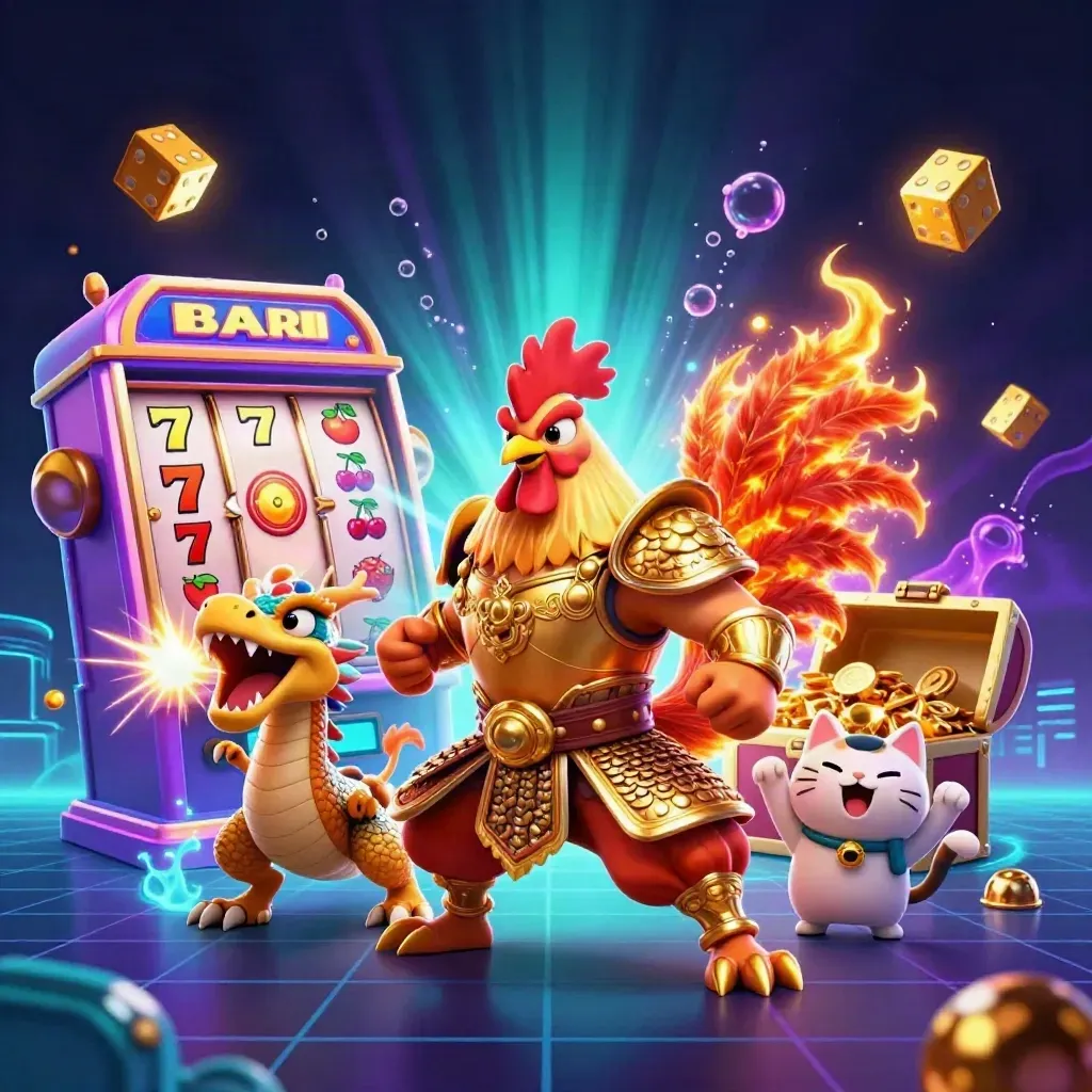 Rooster warrior, dragon hatchling and fortune-cat amid slot reels, gold, and neon casino effects