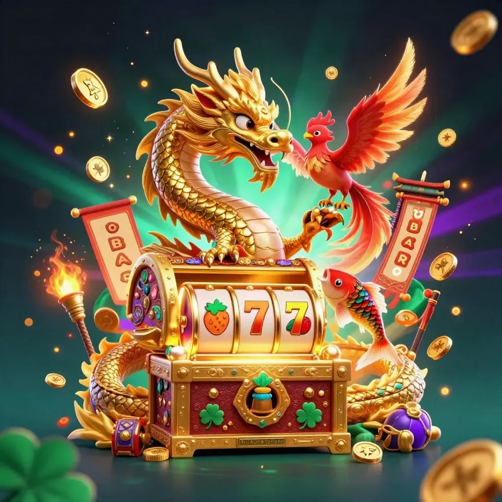 Golden dragon on a chest with phoenix and koi, neon casino effects and lucky symbols.