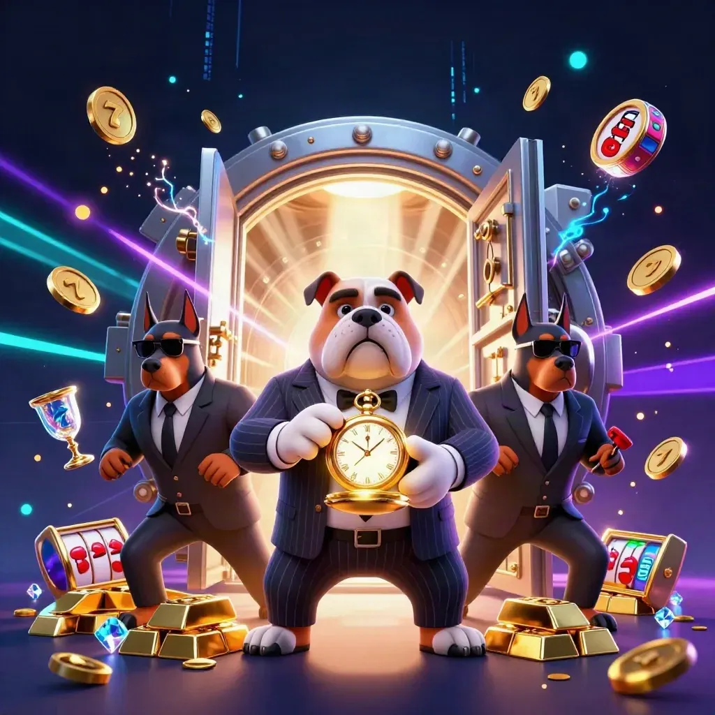 Bulldog boss and Dobermans guarding a glowing vault with gold, gems, reels, and neon sparks.