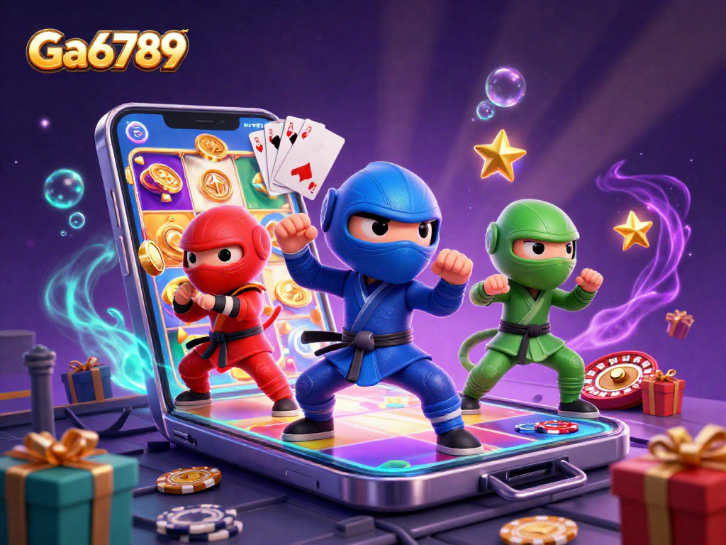 Ga6789 showcases gaming excitement with ninja chameleons and vibrant slot game elements.