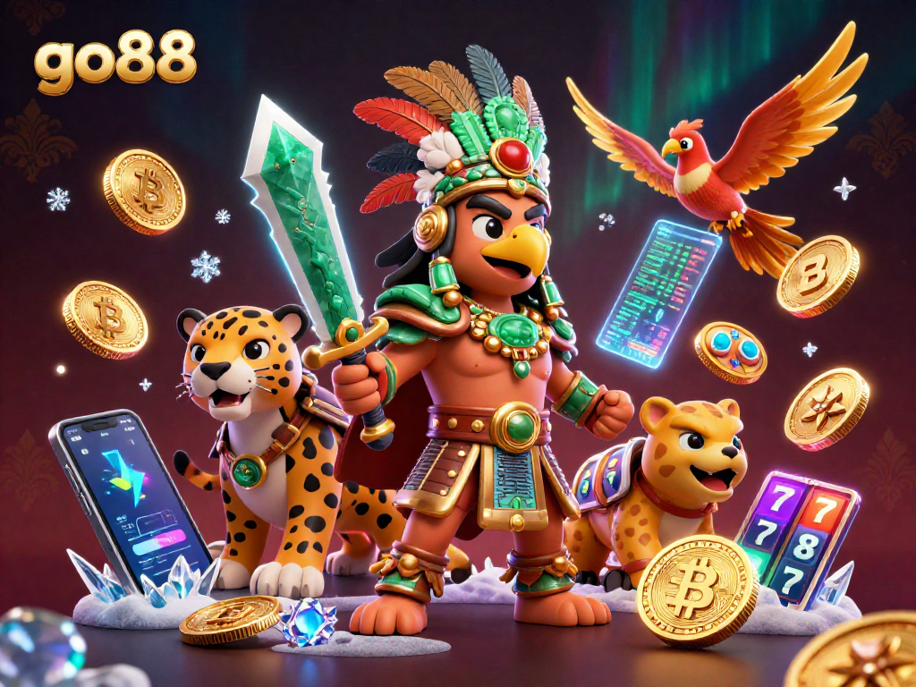 Engage with go88's vibrant gaming world featuring Aztec warriors and cryptocurrency elements for a unique casino experience.