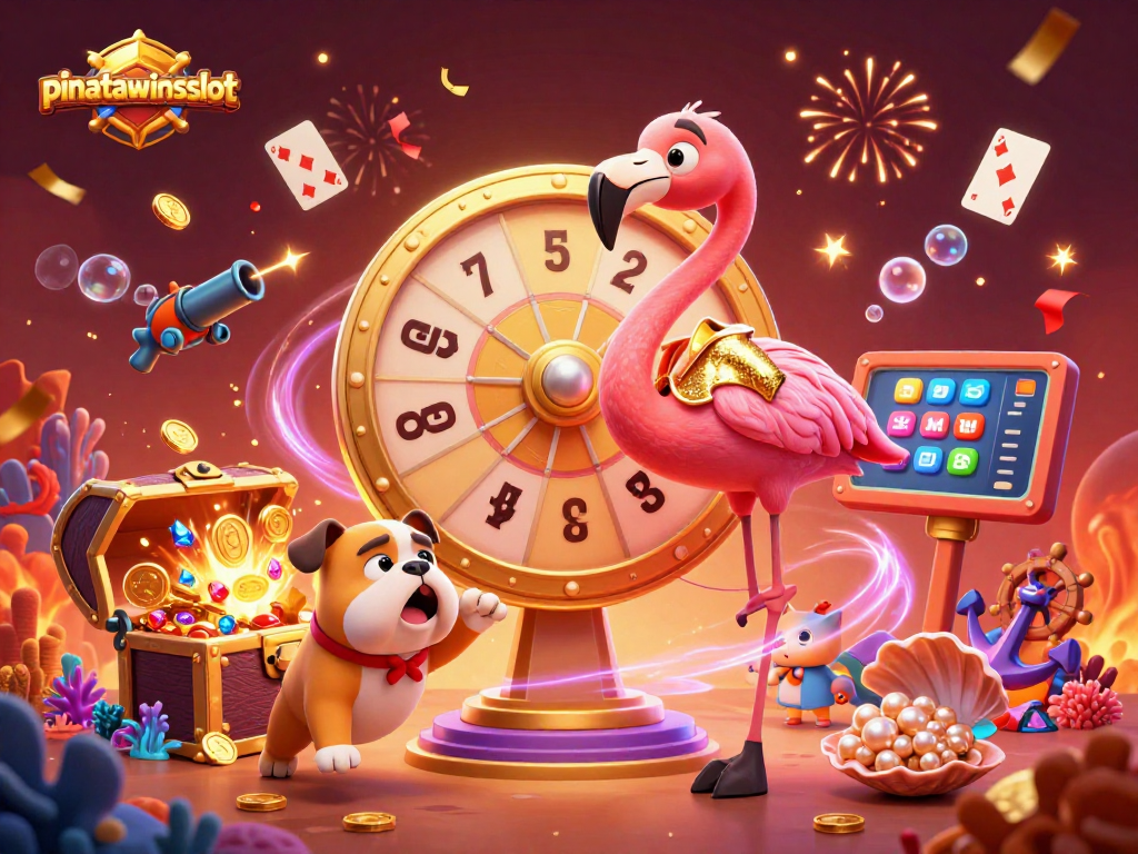 Exciting moment at pinatawinsslot with a flamingo host, bulldog, and scoreboard showcasing prizes.