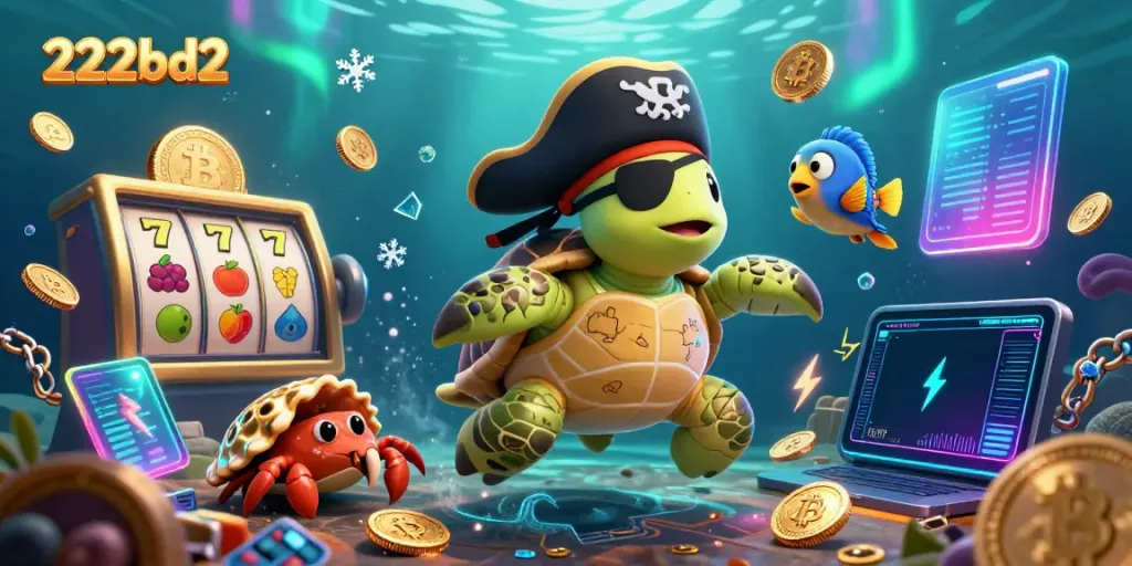 Engage with 222bd2's vibrant casino world featuring a pirate turtle, lucky reels, and crypto treasures.