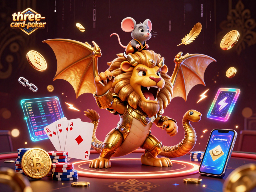 Engage in thrilling three-card-poker action featuring animated characters and casino elements.
