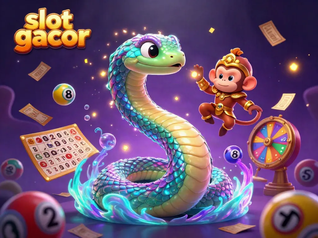 Experience the excitement of slot gacor with a colorful, dynamic illustration of a rainbow serpent and playful monkey king in a vibrant casino scene.